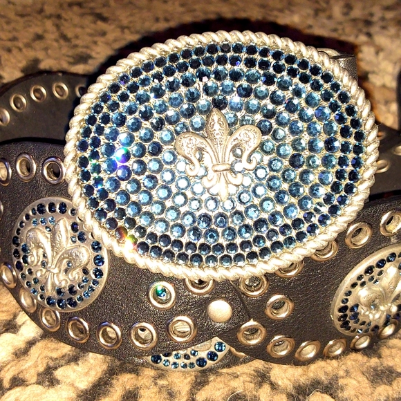 Royal Plush black leather belt with silver hardware and blue crystals throughout - Picture 1 of 5